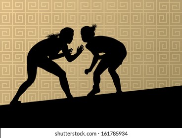 Greek roman wrestling active young women sport silhouettes vector abstract background illustration