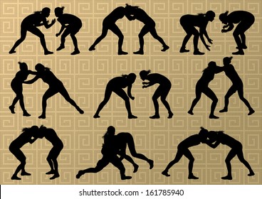 Greek roman wrestling active young women sport silhouettes vector abstract background illustration
