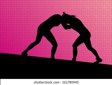 Greek roman wrestling active young women sport silhouettes vector abstract background illustration
