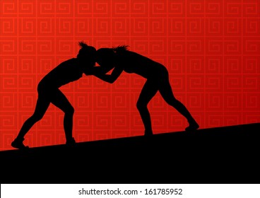 Greek roman wrestling active young women sport silhouettes vector abstract background illustration