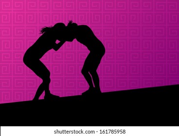 Greek roman wrestling active young women sport silhouettes vector abstract background illustration