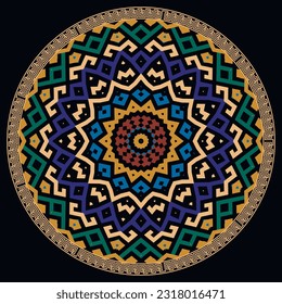 Bonito patrón de mandala en griego con marco. Resumen de antecedentes tribales de estilo árabe étnico. Colorido fondo de moda con mandala tradicional, líneas de zigzag. Ornamentos de cruz de clave griega.