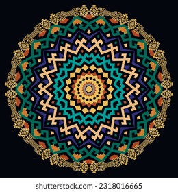 Greek round beautiful mandala pattern with frame. Abstract tribal ethnic arabesque style background. Colorful trendy backdrop with traditional mandala, zigzag lines. Greek key meanders ornaments.