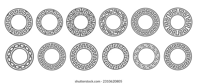 Greek round border. Circle meander frame with ancient ornament. Roman mediterranean pattern decor. Vector set.