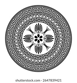 Quadro clássico redondo grego. Chave grega meander fronteira, onda meander. Circular a fronteira europeia. Padrão da Grécia, Roma antiga. Na forma de onda. Onda vitruviana. Para gravação, bordados, porcelana