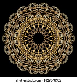 Greek round floral mandala. Ornamental luxury vector background. Radial pattern. Beautiful decorative ethnic ornament with frame, chains, vintage flowers, leaves, circles, shapes. Greek key, meanders.