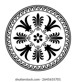 Quadro redondo grego. Ornamento redondo. Meandro grego. Padrões da Grécia e da Roma Antiga. Circular a fronteira europeia. Borda grega antiga redonda. Motivos típicos egípcios, assírios e gregos