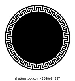 Quadro redondo grego. Padrões da Grécia e da Roma Antiga. Quadro de círculo grego. Ornamento grego redondo. Elemento de design preto e branco. Motivos típicos egípcios, assírios e gregos. Modelo para corte a laser