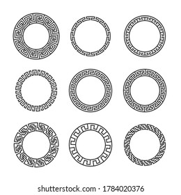 Greek round frames. Ancient circular mediterranean black frame borders with hellenic pattern. Geometric ornamental mandala tattoo design vector set