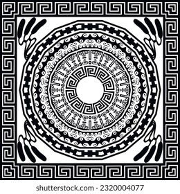 Greek round mandala pattern and square frame. Traditional tribal ethnic style seamless pattern. Vector ornamental decorative black and white floral ornaments with borders, reeds. Greek key meanders.