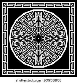 Greek round mandala and square frame. Shawl pattern. Ornamental geometric background. Abstract black and white backdrop. Ethnic tribal style radial ornament. Greek key, meander borders, mazes, shapes.