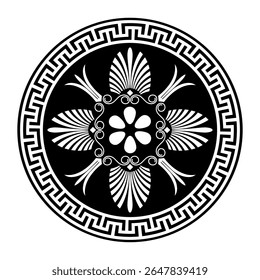 Ornamento redondo grego. Padrão preto e branco em um fundo branco. Padrão grego. Padrões da Grécia e da Roma Antiga. Circular a fronteira europeia. Motivos típicos egípcios, assírios e gregos. Para cerâmica