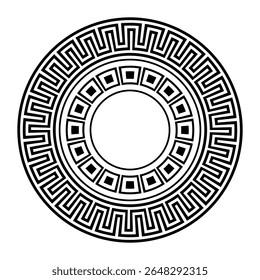 Ornamento redondo grego. Fundo preto e branco sobre fundo branco.
Padrão grego. Padrões da Grécia e da Roma Antiga. Circular a fronteira europeia. Motivos típicos egípcios, assírios e gregos. Para cerâmica, têxteis