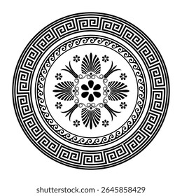 Greek round ornament pattern frame plate with pattern in center. Greek meander. Circle european border. Patterns of Greece, ancient Rome. Classic egyptian, assyrian, greek motives