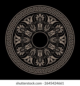 Padrão redondo grego em um plano de fundo preto. Padrões da Grécia Antiga, antigo Império Romano. A chave grega medeia o padrão. Ornamento de círculo grego. Típicos motivos egípcios, assírios, círculo na fronteira. Vetor