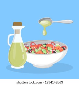 Greek salad in a bowl. Organic healthy food with olive oil. Cucumber and tomato, feta cheese and pepper. Isolated flat vector illustration