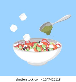 Greek salad in a bowl. Organic healthy food. Cucumber and tomato, feta cheese and pepper with salt and oregano. Isolated flat vector illustration