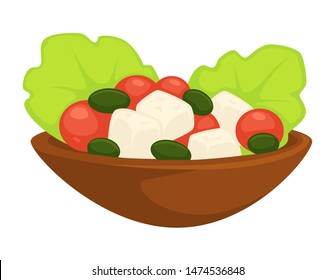 Greek salad caesar in plate served meal vector isolated dish made of organic ingredients product with feta cheese, and cherry tomatoes olives and leaves healthy homemade meal nutrition snacks