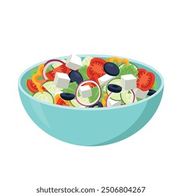 Greek salad. Colourful vegetable. Tomatoes, lettuce, black olive, onion, bell pepper, cucumber and tofu. Vegetarian bowl of salad vector illustration.