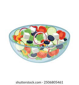 Greek salad. Colourful vegetable. Tomatoes, lettuce, black olive, onion, bell pepper, cucumber and tofu. Vegetarian bowl of salad vector illustration.