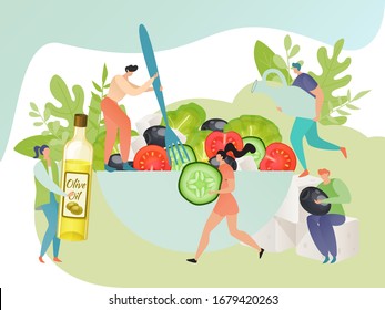 Greek salad concept, Mediterranean cuisine recipe, tiny people cooking healthy food, vector illustration. Men and women cartoon characters mixing meal ingredients together, vegetables and olive oil