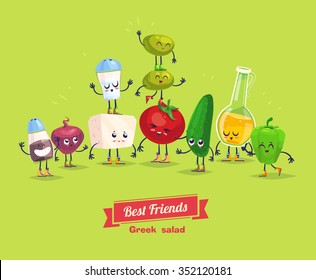 Greek salad. Cute  and funny cartoon vegetable characters with olive oil. Best friends set. Vector stock illustration