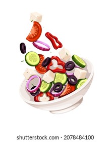 Greek Salad Falling Into Bowl Vector Illustration. Flying Salad With Red Tomatoes, Pepper, Feta, Cucumber And Olives Concept Cooking