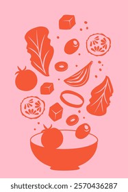 Greek salad falling into bowl. Vector Stock Illustration. Flying salad with red tomatoes, pepper, feta, cucumber and olives.