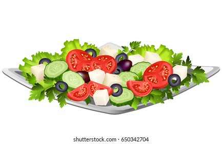 Greek salad with feta cheese, sliced tomatoes, lettuce, cucumbers, parsley and olives. Hand drawn vector illustration isolated on white background.