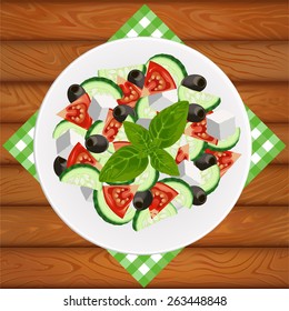 Greek salad with feta and olives on white plate placed on the wooden table. Vector image can be used for restaurant and cafe menu design, food posters, print cards and other crafts.