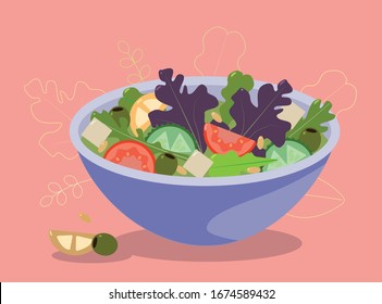 Greek salad flat vector illustration. Colorful vector flat illustration for menu restorant and bar. Illustration for healthy food article.