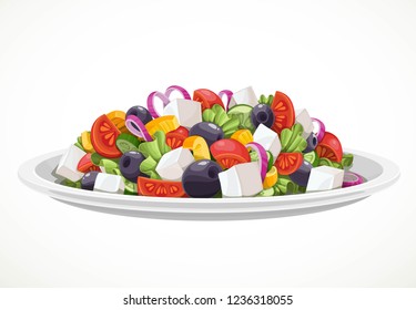 Greek salad of fresh vegetables and cheese in large white ceramic plate object isolated on a white background