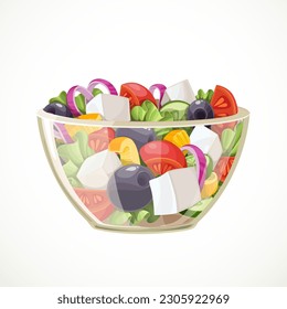 Greek salad of fresh vegetables and cheese in  in a transparent salad bowl object isolated on a white background