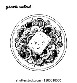 Greek Salad Hand Drawn Vector Illustration. Greek Cuisine. Linear Graphic. Food Sketch.