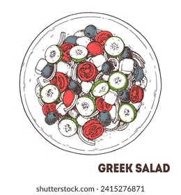 Greek salad hand drawn vector illustration. Top view. Greek cuisine. Linear graphic. Food sketch.