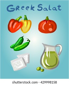 Greek salad and its ingredients.