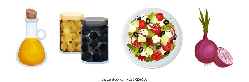 Greek Salad Ingredients with Olive Oil, Onion and Served Bowl Vector Set