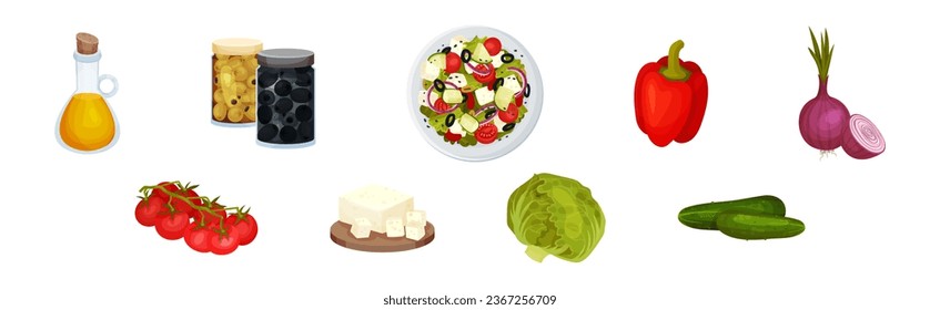 Ingredientes de ensalada griegos con aceite de oliva, pimienta, tomate, pepino, cebolla y vectores de intestino servido