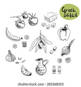 Greek salad ingredients/ Set of isolated sketchy style vegetables/ Doodle vegetables in black and white/ Vector illustration