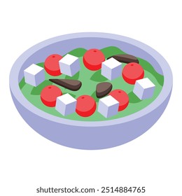 Greek salad with ingredients shown in isometric view, perfect for healthy lifestyle or food blog visuals