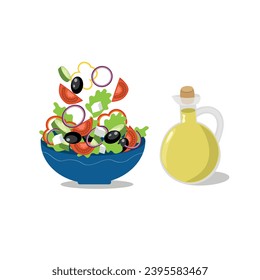Greek salad on a blue plate, olive oil. Set of fresh vegetables falling in the bowl, tomatoes, cucumber, feta cheese, olives, onion, lettuce leaves. Salad preparation. Vector illustration.