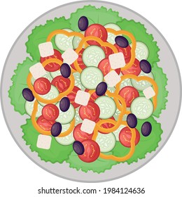 Greek salad on a large round plate. Salad of tomatoes, cucumbers, bell peppers, olives, cheese and green lettuce leaves. Mediterranean cuisine. Vector illustration isolated on white background.