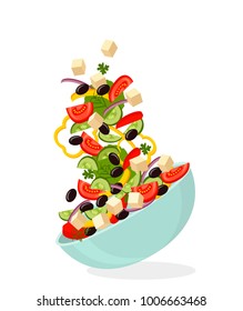 Greek salad on a plate with green lettuce leaves. flat vector illustration isolated on white background