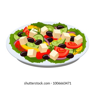 Greek salad on a plate with green lettuce leaves. flat vector illustration isolated on white background