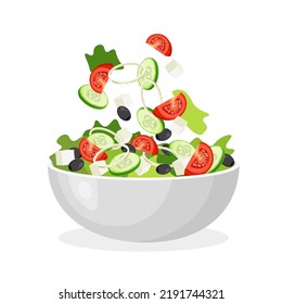 Greek salad on a plate. Set of fresh vegetables falling in the bowl. Vector illustration isolated on a white background.