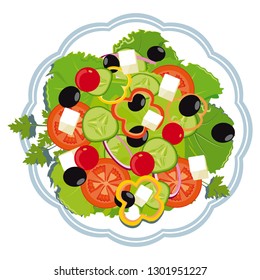 Greek salad on a plate. White background. vector illustration