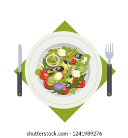 Greek salad in a plate. Organic healthy food. Cucumber and tomato, feta cheese and pepper. Isolated flat vector illustration