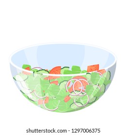 Greek salad in a plate. Organic healthy food. Cucumber and tomato, onion and pepper. Isolated flat vector illustration