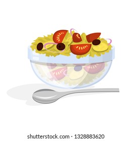 Greek salad in a plate. Organic healthy food. Cucumber and tomato, onion and pepper. Isolated flat vector illustration