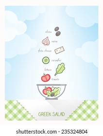 Greek salad recipe with ingredients falling in a bowl on a checked tablecloth, sky on background